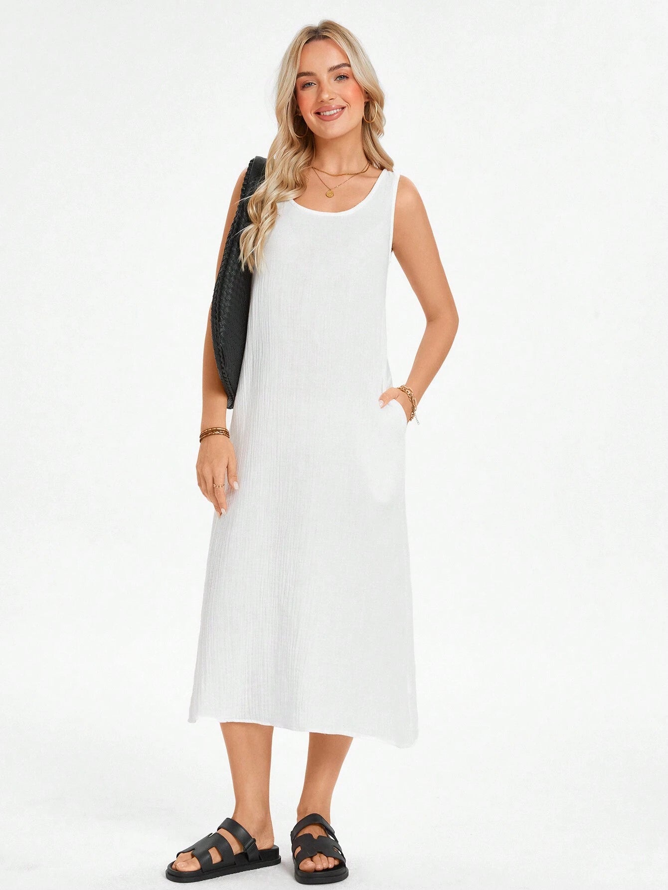 Vestido Feminino de algodão Comprido Decote U Aleska.