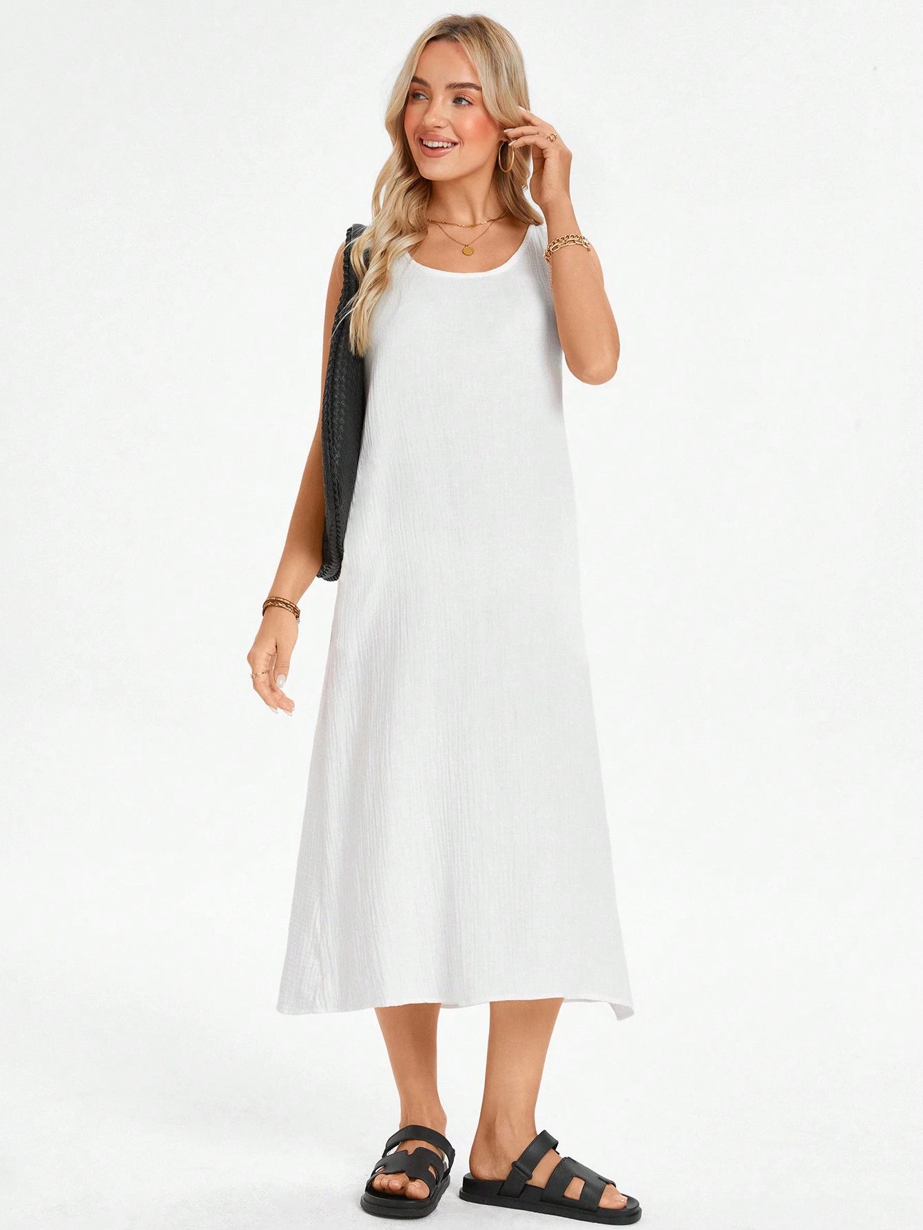 Vestido Feminino de algodão Comprido Decote U Aleska.