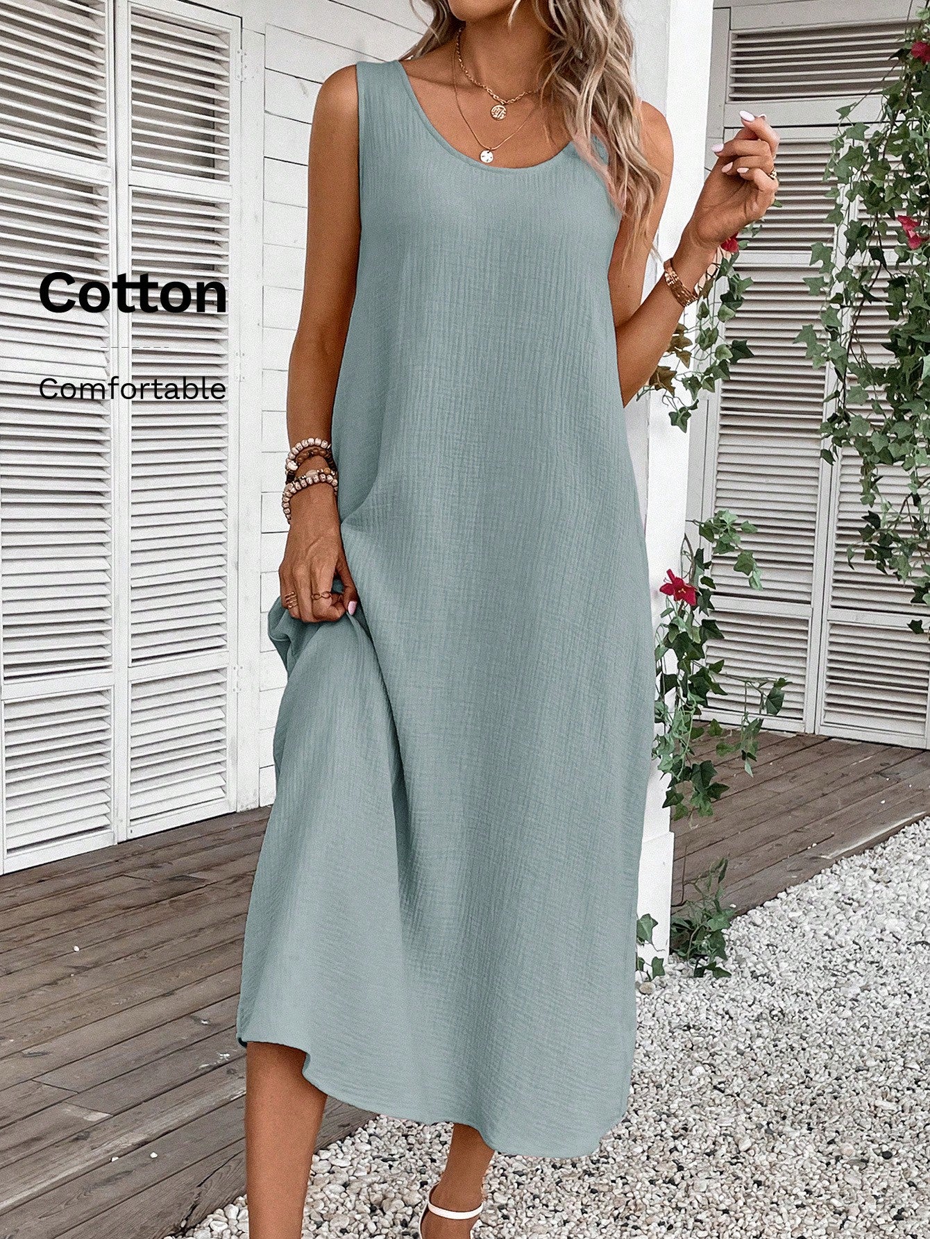 Vestido Feminino de algodão Comprido Decote U Aleska.