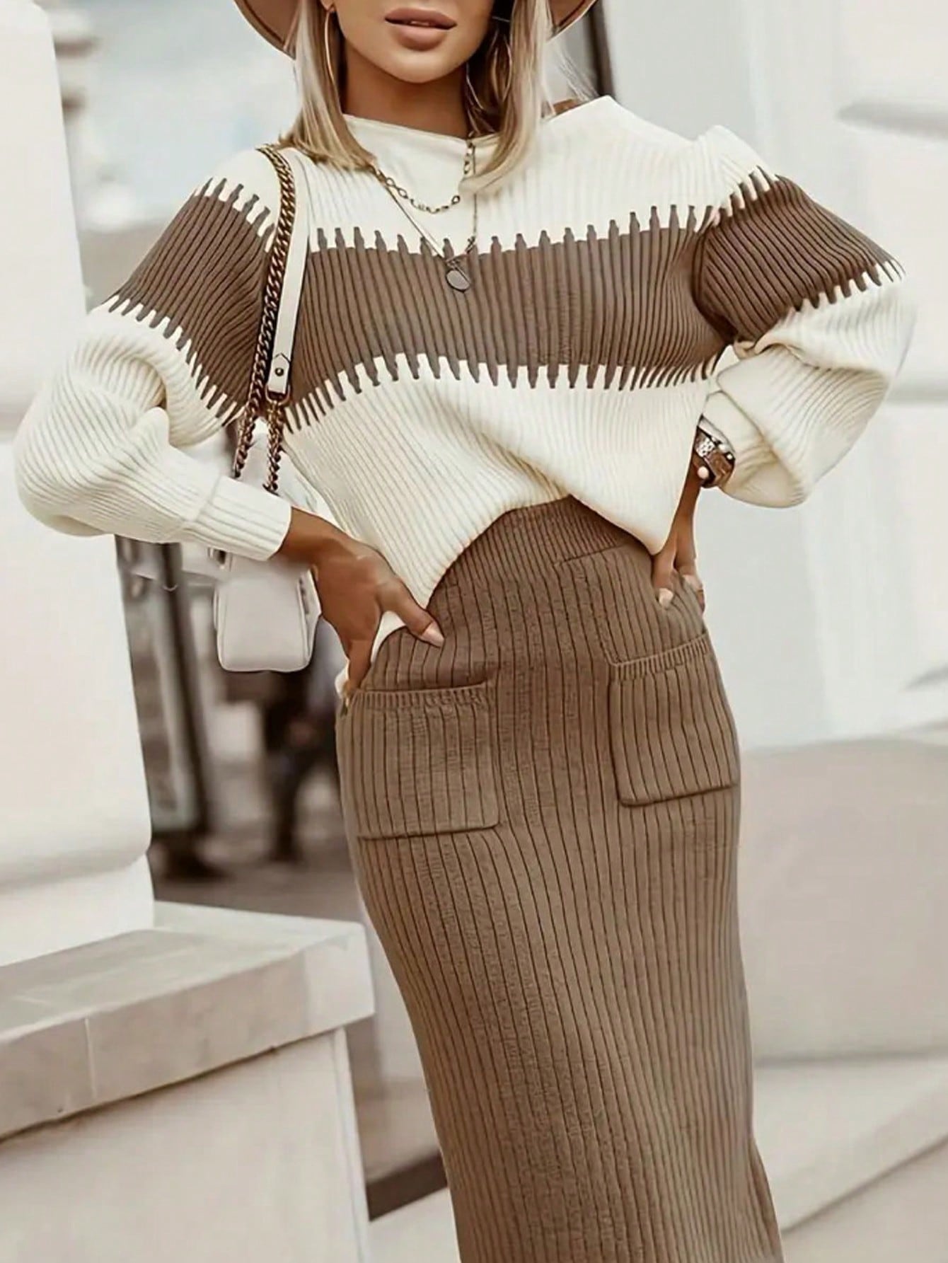 Conjunto Feminino de 2 peças Suéter Elegante e saia de Tricô C Renata