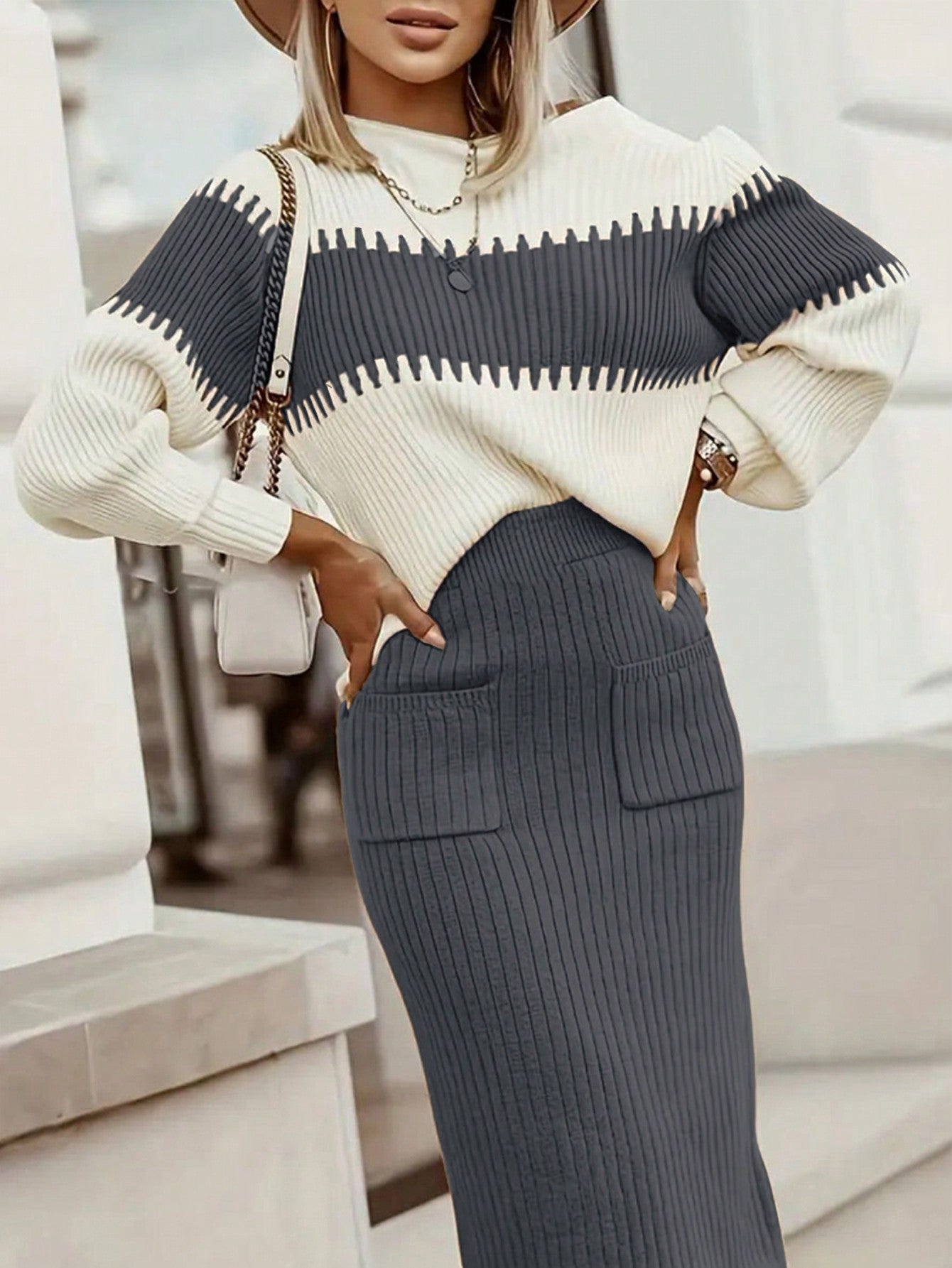Conjunto Feminino de 2 peças Suéter Elegante e saia de Tricô C Renata