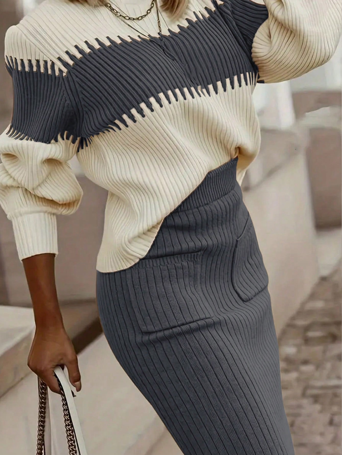 Conjunto Feminino de 2 peças Suéter Elegante e saia de Tricô C Renata