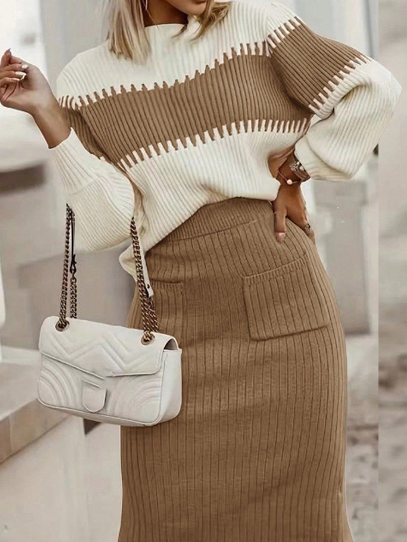Conjunto Feminino de 2 peças Suéter Elegante e saia de Tricô C Renata