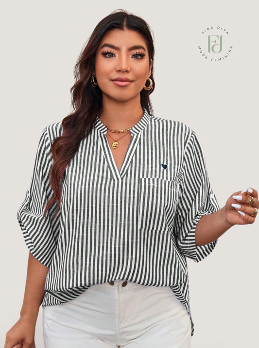Blusa feminina listrada de algodão plus size Priscila