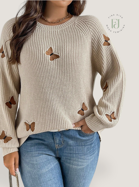 Suéter Feminino com Bordado de borboleta plus size Giorgia