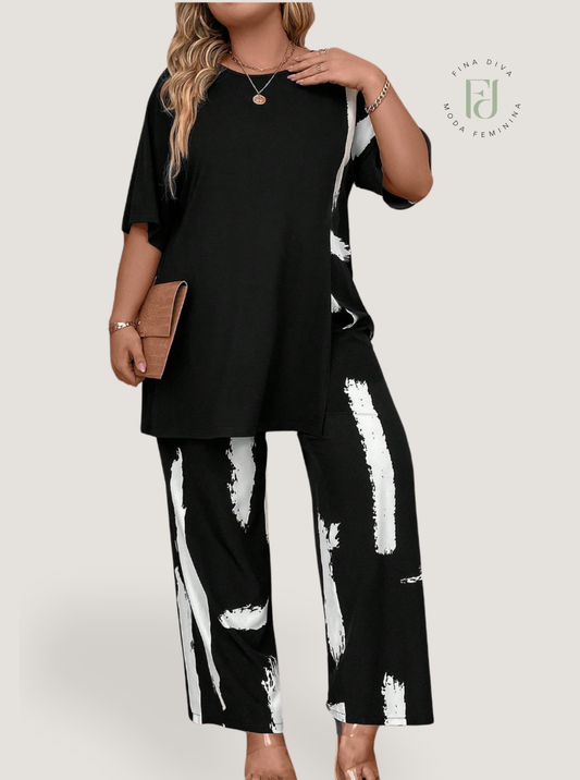 Conjunto Feminino calça e blusa com estampa pincelada plus size Vivi
