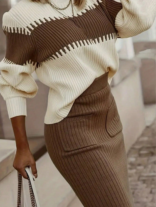Conjunto Feminino de 2 peças Suéter Elegante e saia de Tricô C Renata