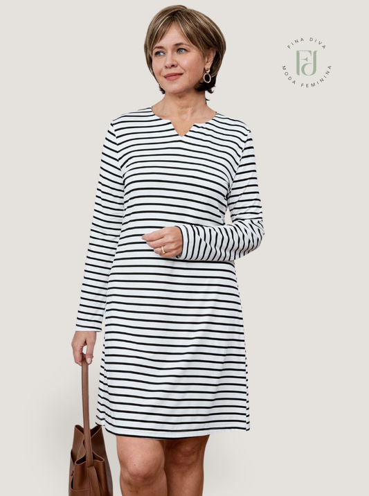 Vestido feminino listrado manga comprida Maísa.